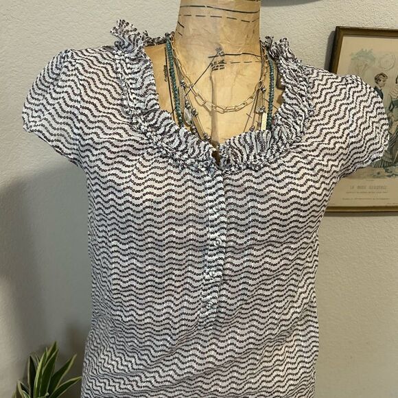 Gap White Brown Circle Polka Dot  Ruffle Stripe Blouse sz S - Picture 4 of 11